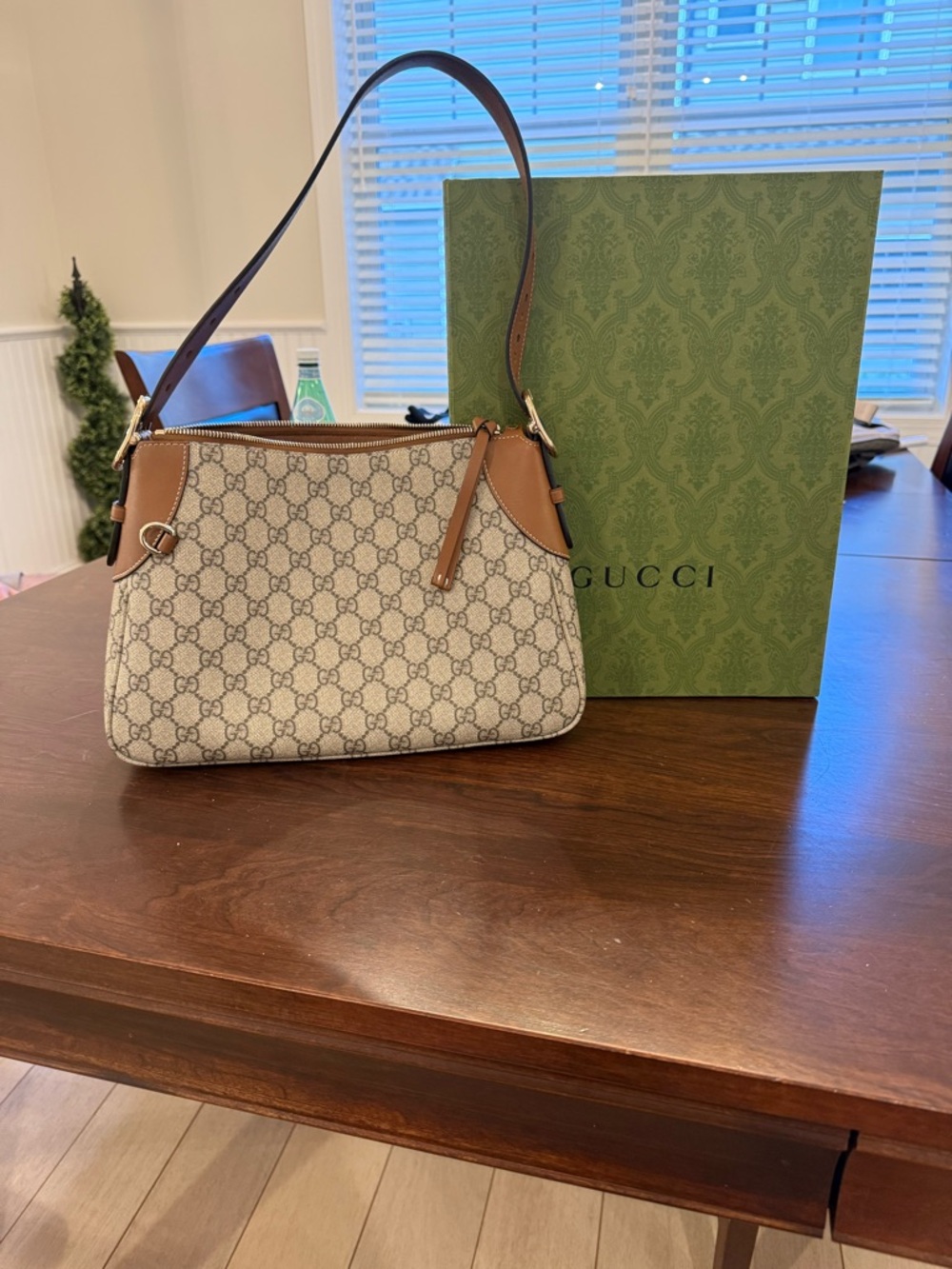Gucci Beige GG Canvas Shoulder Bag with Brown Trim